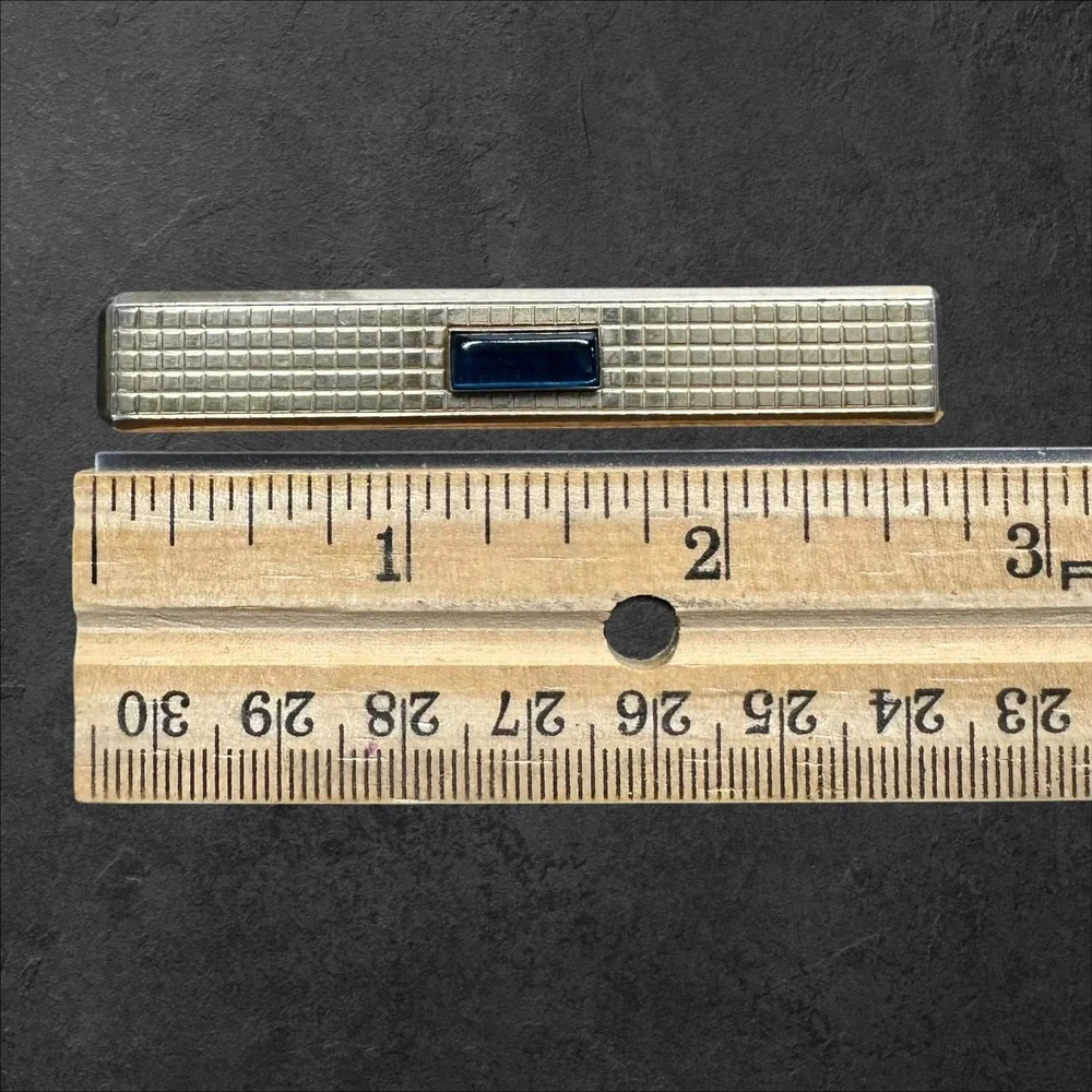 Swank Tie Clip Gold Tone‎ w/Blue Glass Cabochon Vintage Grid Textured MCM